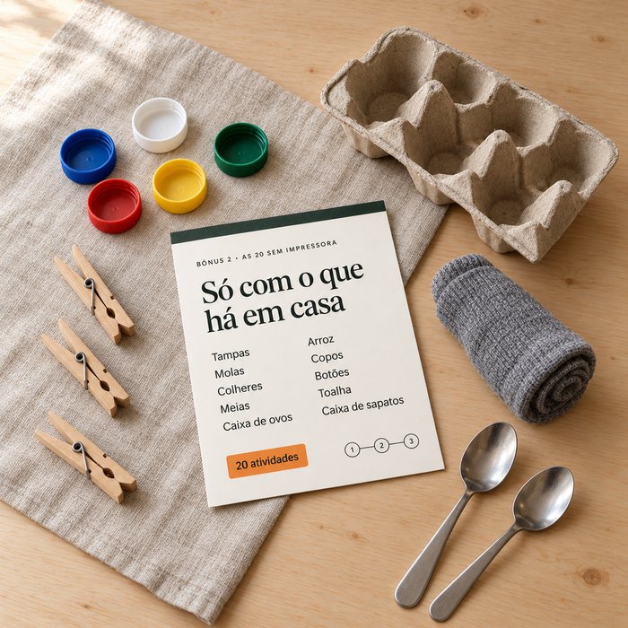 As 20 Sem Impressora: a lista e os objetos de casa, tampas, molas, colheres e uma caixa de ovos
