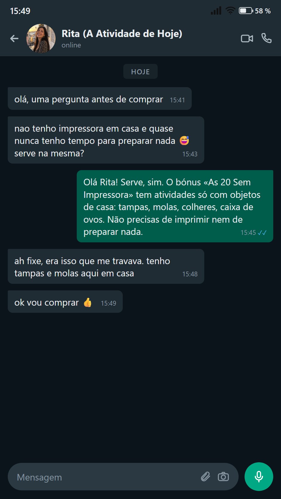 Uma mãe pergunta antes de comprar se serve sem impressora