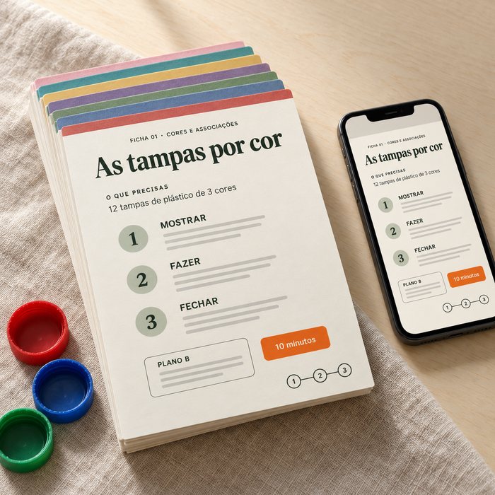 As 100 Fichas de 3 Passos: a pilha de fichas por área, o telemóvel com a ficha e tampas de cores