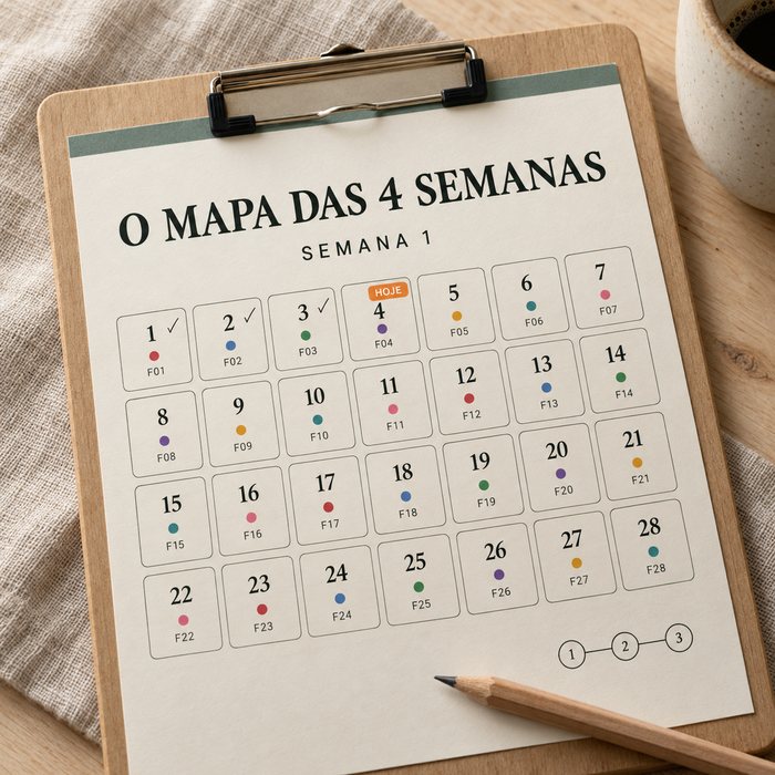 O Mapa das 4 Semanas numa prancheta: 28 dias, uma ficha por dia, os primeiros riscados a lápis