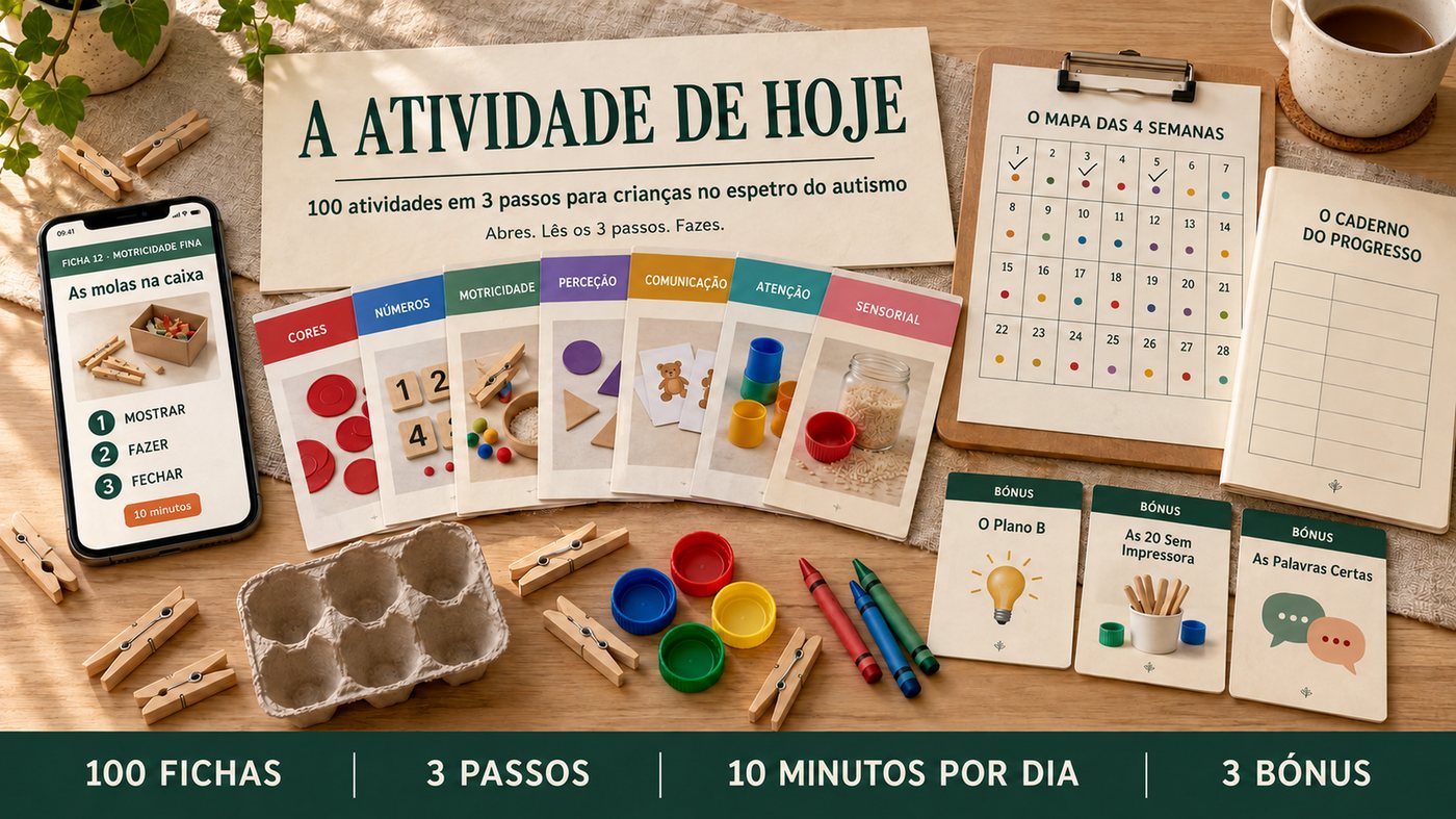 Todo o kit em cima da mesa da cozinha: o telemóvel com a ficha de hoje, as 100 fichas por área, o Mapa das 4 Semanas, o Caderno do Progresso e os 3 bónus