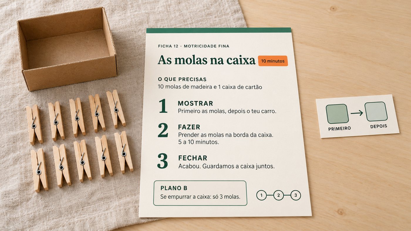 Uma ficha impressa com os três passos Mostrar, Fazer e Fechar, o Plano B, a tira primeiro/depois e dez molas de madeira